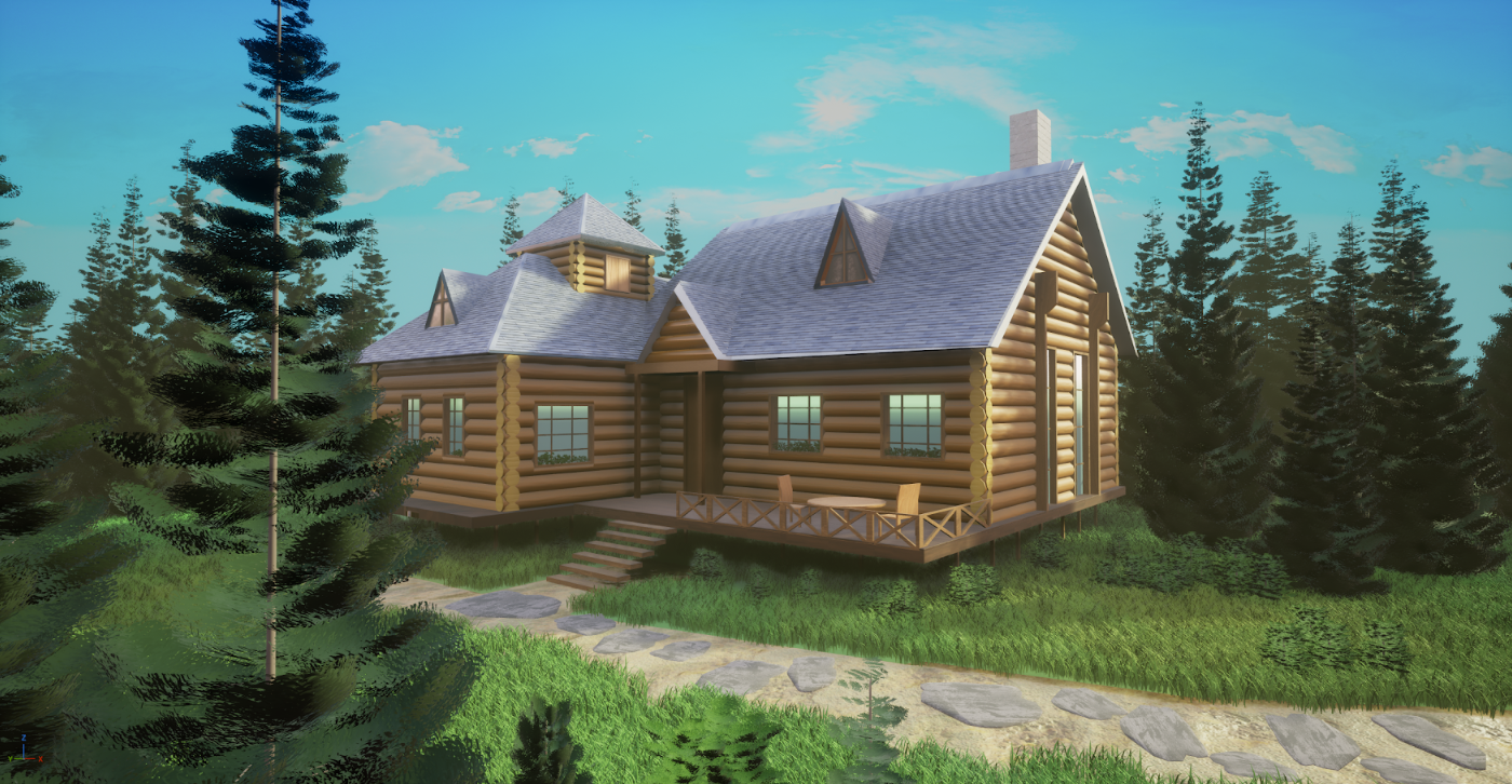 Log cabin with stone pathway leading up to it and surrounded by pine trees