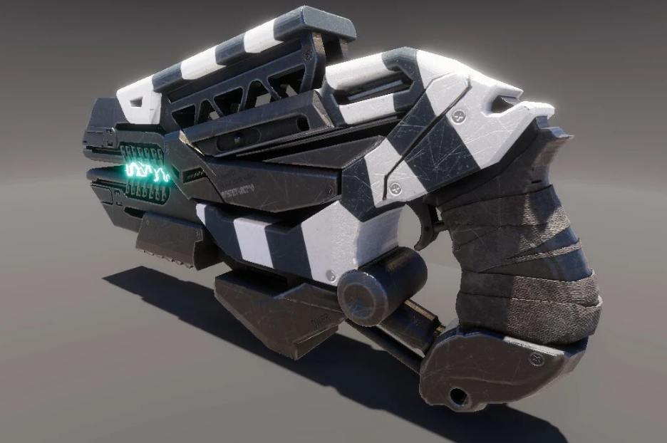 A sci fi weapon sparkles with electricity