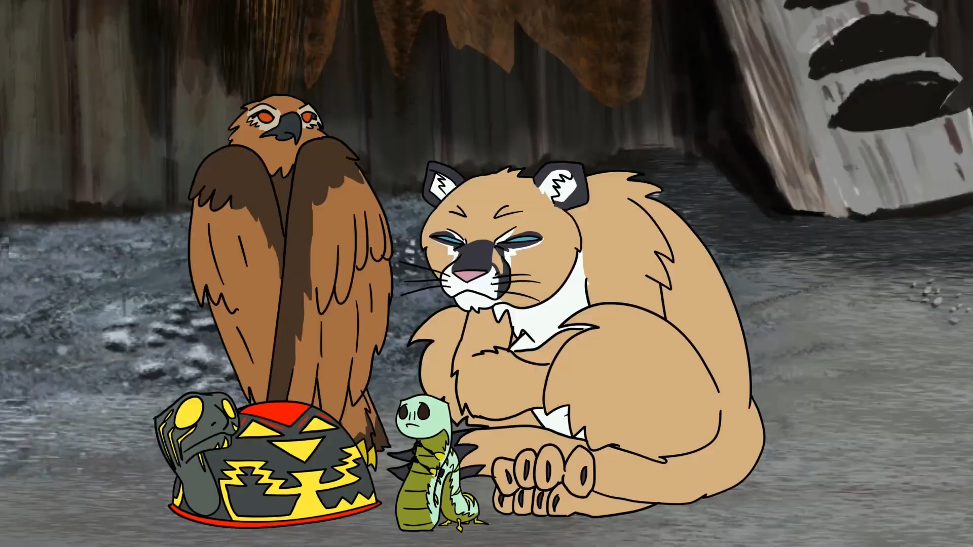 an animated eagle, wildcat, turtle, and snake