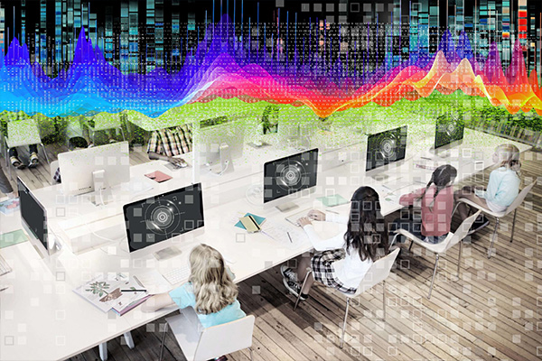 Students at computers with screens that include a representation of a retinal scanner with pixelation and binary data overlays and a brightly colored datawave heatmap at the top.