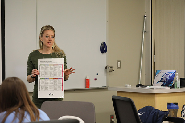 professor displaying a chart to the class