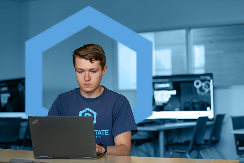 DSU student working on computer in classroom.