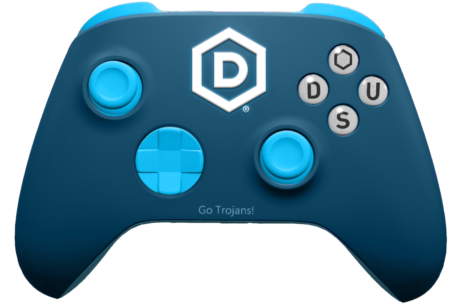 video game controller in DSU colors with face buttons labled D, S, and U. A large button in the middle is shaped like a DSU Hex