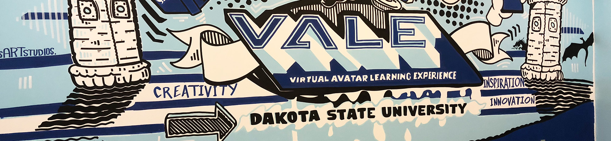 Wall mural of the Virtual Avatar Learning Experience, or VALE. The mural features the iconic entrance pillars of DSU as well as other elements like cartoons of computers and books. 