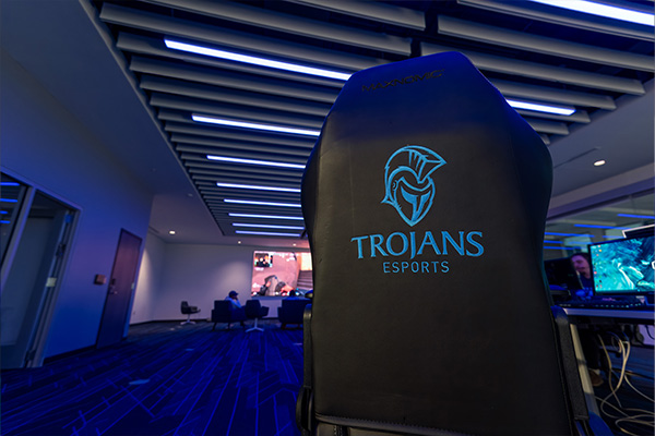 Gamer chair with Trojans Esports logo