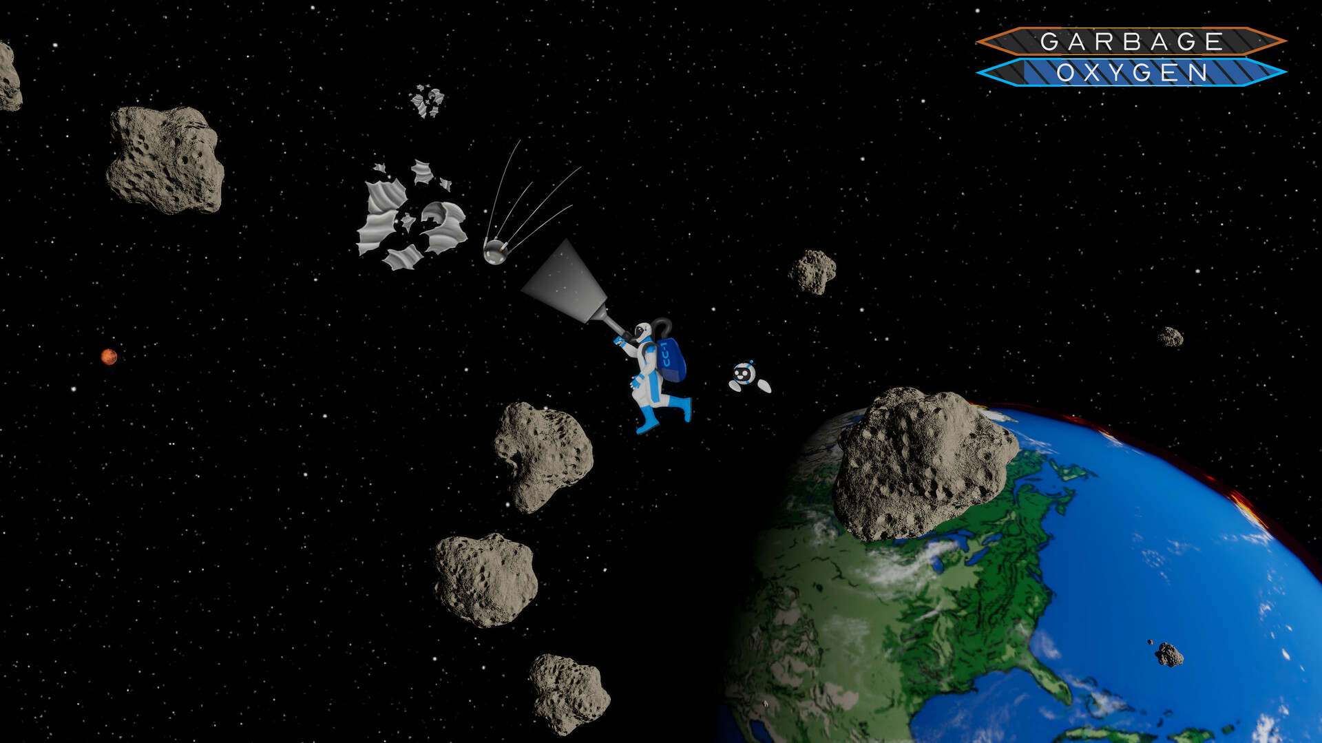 An astronaut floats through space with a vacuum to suck up space debris that floats by.