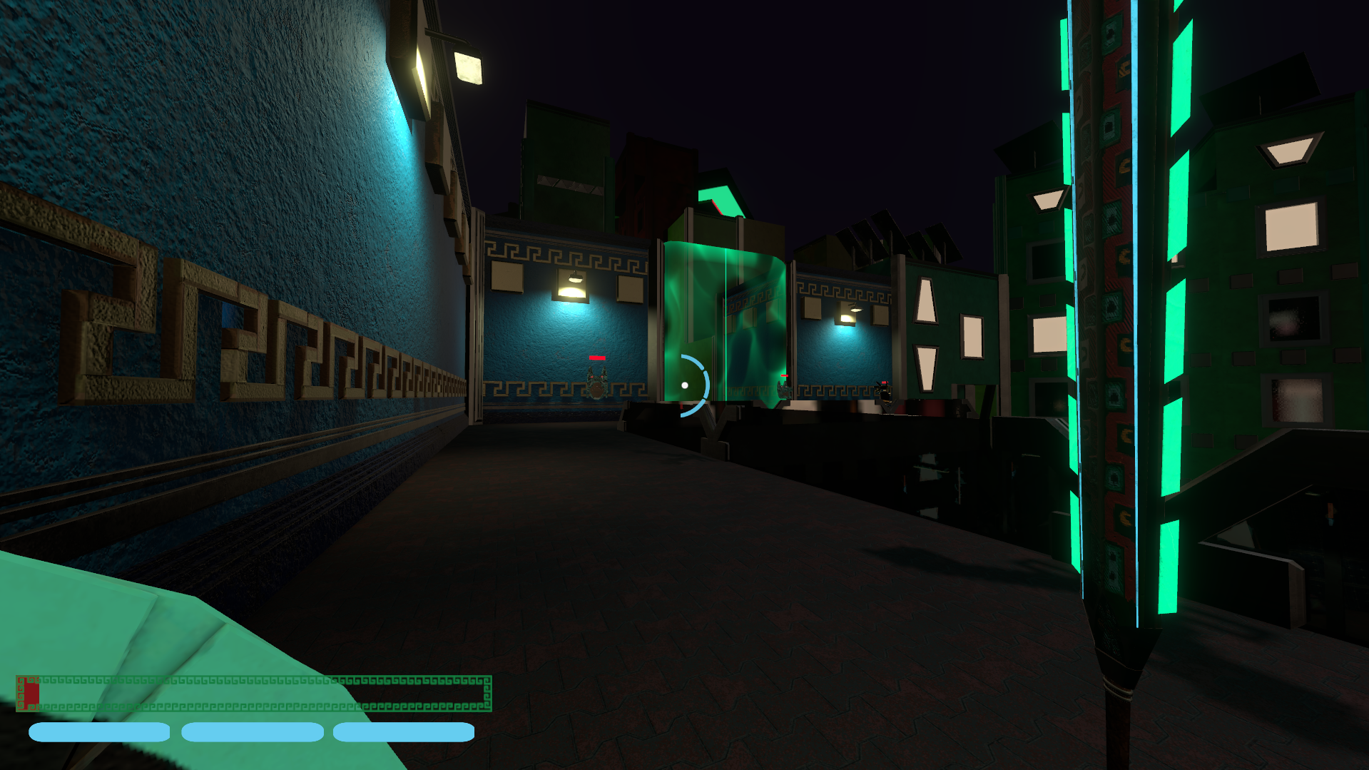 First-person perspective holding a mesoamerican war club in a neon world.