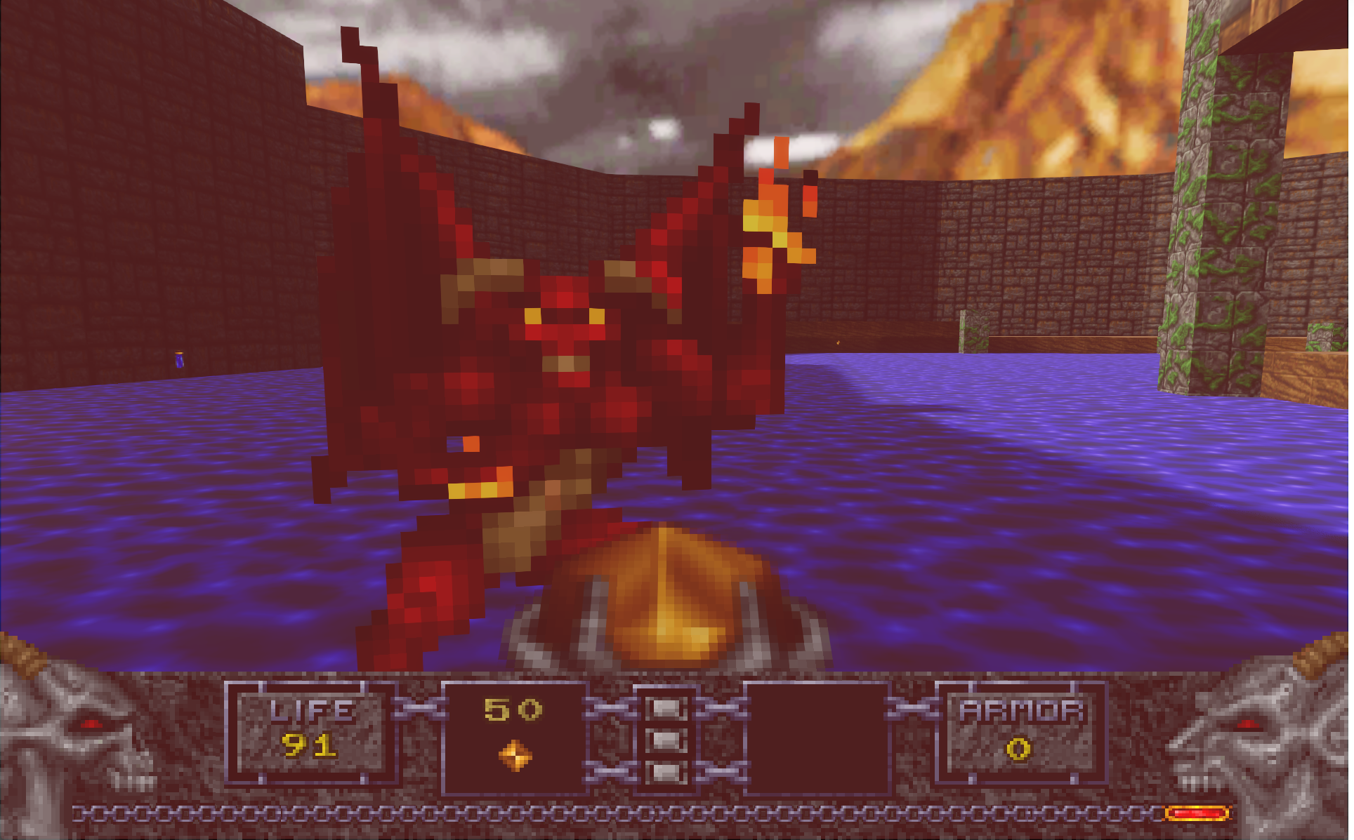 A first person view up close with a red winged demon rendered in pixels