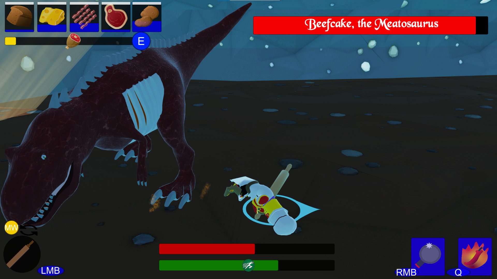 A knight-chef wielding a rolling pin lies on the ground below a large t-rex like dinosaur with exposed ribs. The Dinosaur's health bar reads Beefcake, the Meatosaurus