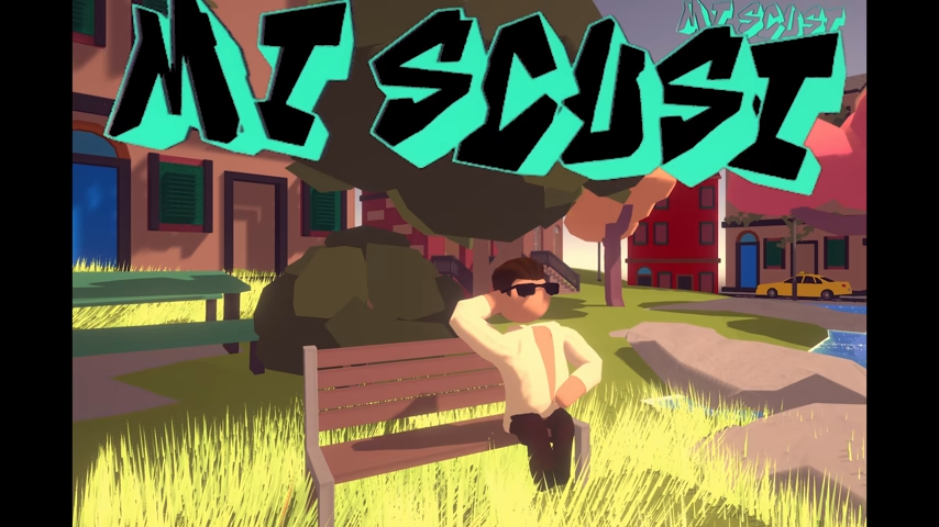 A cartoony man in sunglasses and a deep-cut v-neck shirt sits on a bench under stylized text that reads Mi Scusi