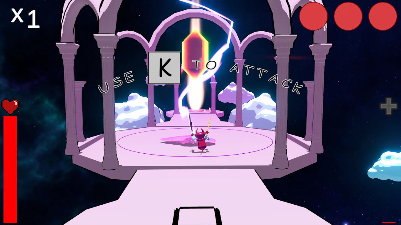 A little demon holding a sword runs across a floating platform with greek pillars. The text "Use K to attack" appears on screen.