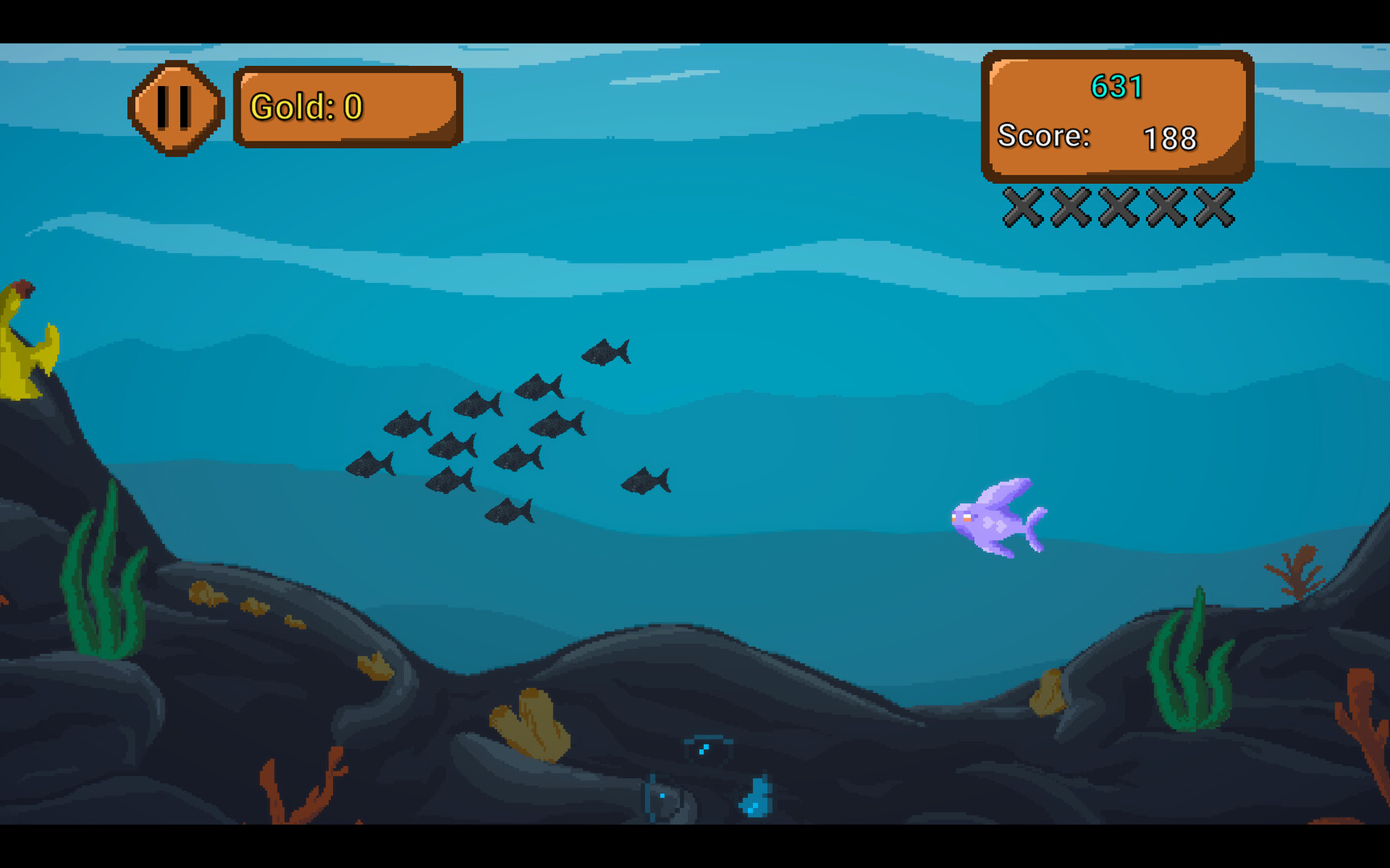 A pixel art scene of an underwater reef with various fish swimming across the screen. There is a gold tracker and a score tracker at the top of the screen.