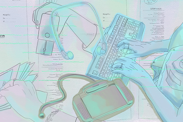 The image shows a superimposition of colorful illustrations representing different objects in a secretariat: in the background, printed minutes. Above, the hands of a medical secretary typing on her keyboard, the hands of another stamping envelopes. The headset and foot pedal in the foreground are essential tools for typing. 