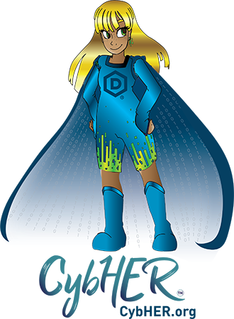 CybHER Logo Cartoon Image of Girl in Superhero Outfit