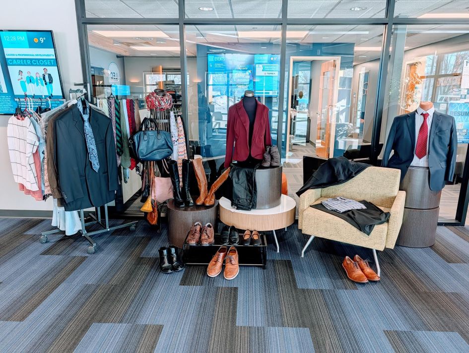 displays of professional clothes at in the career closet