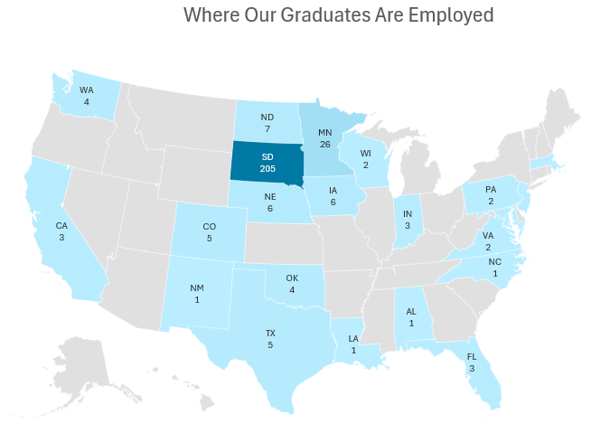 DSU outcomes map of the united states showing where graduates end up.