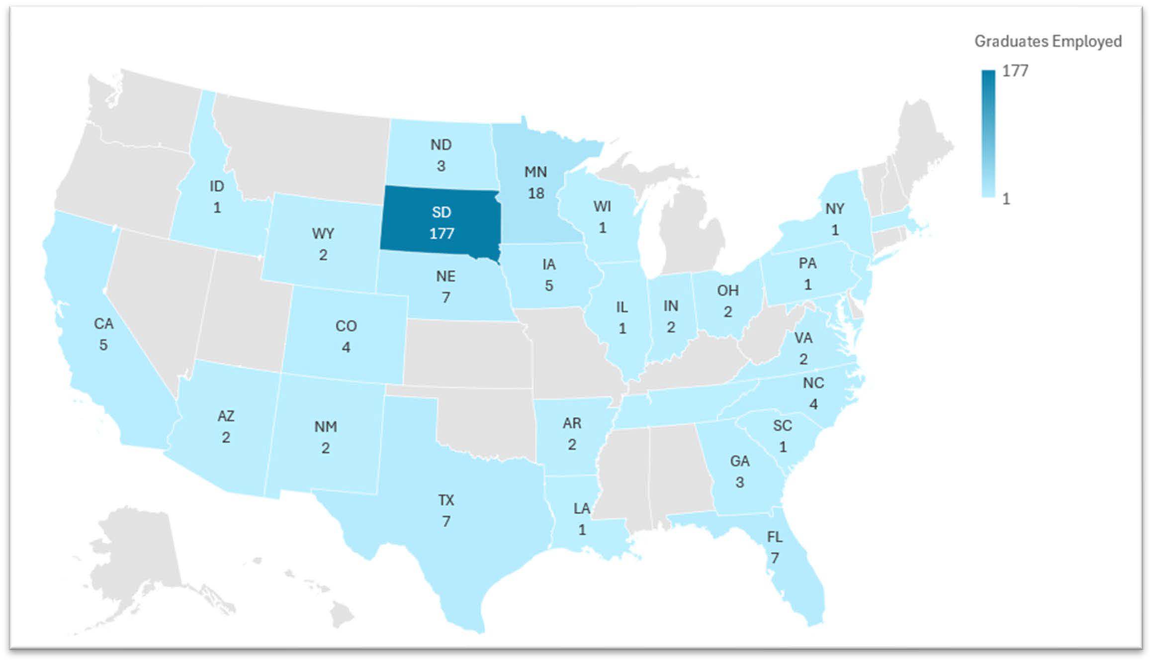 DSU outcomes map of the united states showing where graduates end up.