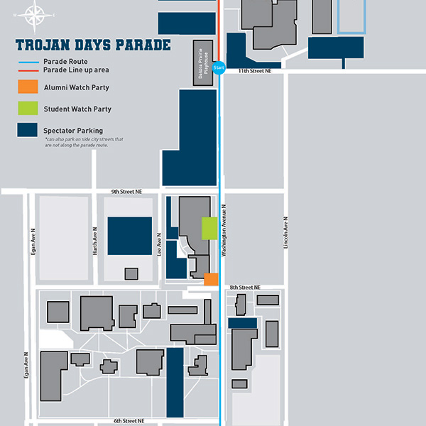 Trojan Days parade route map going down washington avenue through campus.
